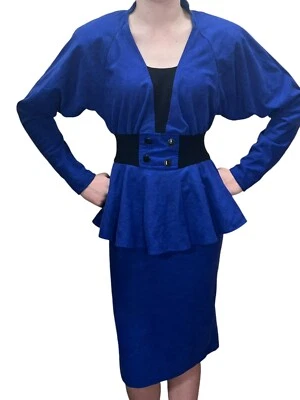 XS~S Vtg 80s Sz 3/4 Blue Velour Dress Peplum Pencil Skirt Dolman Sleeve T Junior - Image 1 of 4