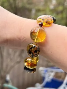 Green And Cognac Colours Flat Round Beads Natural Amber Crystal Bracelet 9 - Picture 1 of 9