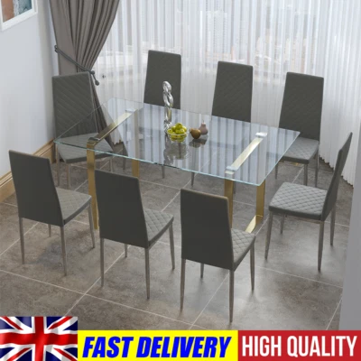 Tempered Glass Dining Room Table & Chairs Sets 4/6/8 Seater Kitchen Table Chairs - Image 1 of 4