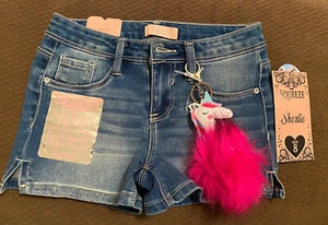 NWT Squeeze Girls blue Denim Shorts & Unicorn fushia Puff Keychain sz. 8 - Picture 1 of 3