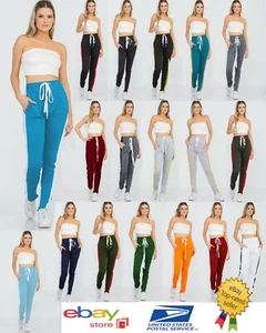 Womens Bold Single Side Stripe causal Lounge Track Pants - Picture 1 of 98