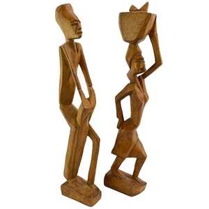 Pair of African Man and Woman Folk Art Wood Carved Statues Figurines 10” - Picture 1 of 11