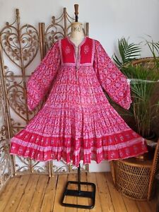 Vintage floral cotton Indian 70s 80s smock midi kaftan dress S M