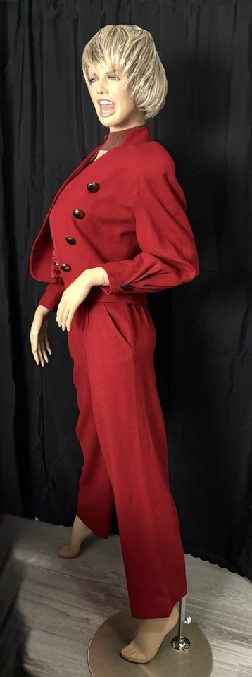 CHRISTIAN DIOR 90 年代羊毛红色高腰打褶裤子套装 2-4 码 — 第 1/4 张图片