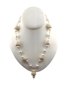 Sterling Silver Necklace with Freshwater Pearls & Wood Beads – 18” Boho Vintage - Picture 1 of 11