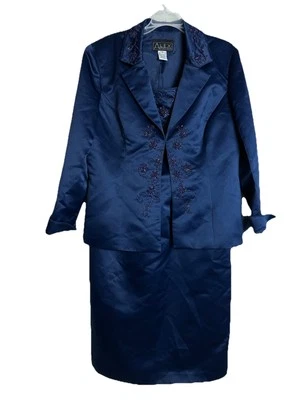 Alex Evenings Blue Satin Dress & Jacket Set Beaded Formal Occasion Dressy Sz 16 - Image 1 of 4