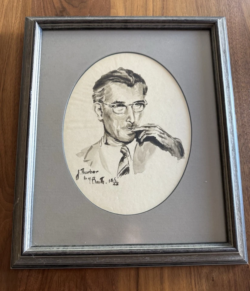 Retrato en acuarela James Thurber 1948 - arte de autor neoyorquino - cabina firmada Foto 1 de 4
