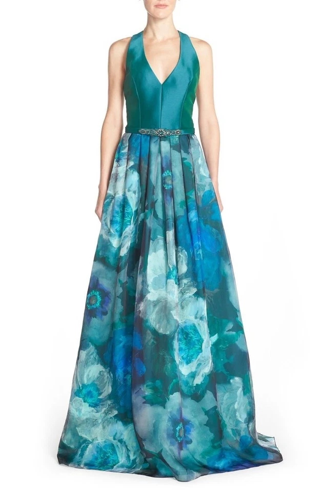 Vestido de fiesta Theia verde azulado y azul floral de seda talla 6 Foto 1 de 4