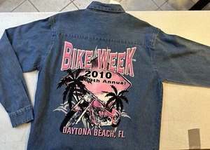 2010 Daytona Beach Bike Week Throwback L/S Denim Women’s Motorcycle Shirt (L) - Picture 1 of 7