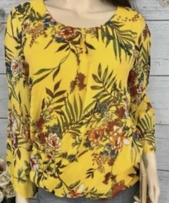 alyx womens Yellow Floral Bell Sleeve Blouse Size L - Image 1 of 4