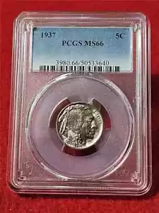 1937 Buffalo Nickel PCGS MS 66-SEE STORE WW1-WW2 MEDALS STERLING SILVER BADGES - Picture 1 of 2