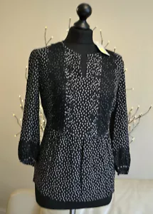 BODEN Womens Delicate Lace Top Viscose 3/4 Sleeve Black White Dotted UK 10 Thin - Picture 1 of 13