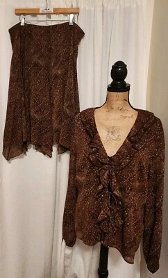 Tapemeasure Women's 16 Brown & Green Floral Chiffon Blouse, Tank & Skirt Set - Image 1 of 4