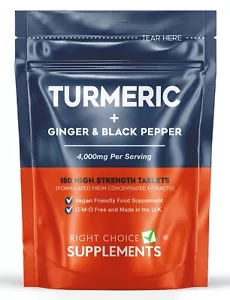 Turmeric, Ginger + Black Pepper 4000mg (per serving) - 180 Curcumin Tablets - Picture 1 of 7