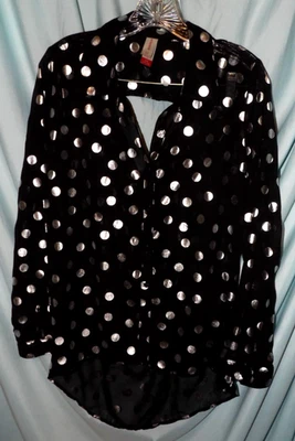 No Boundaries Black Polka Dot High Low LS Sheer Button Up Juniors Size L NWOT - Image 1 of 4