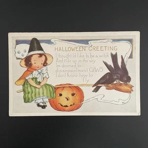 True Vintage Halloween Greeting Postcard Whitney Girl Witch JOL Crows Birds - Picture 1 of 3