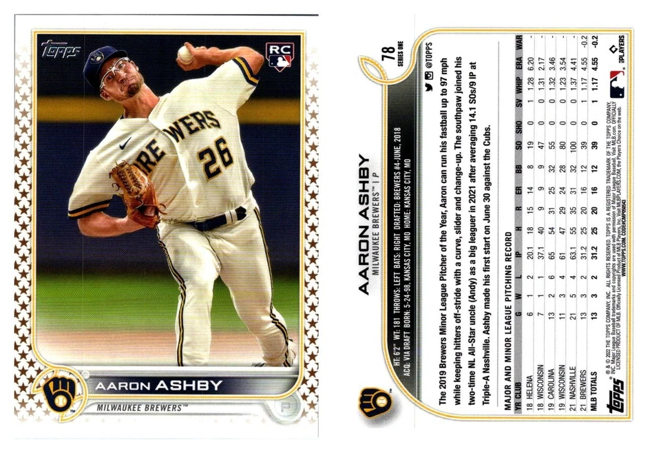 #78 Aaron Ashby RC Milwaukee Brewers 2022 Topps Gold Star Parallel - Image 1 of 1