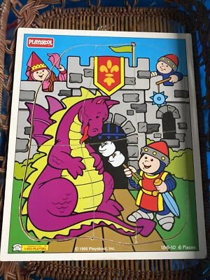 Rompecabezas de madera vintage Playskool dragón púrpura 6 piezas 186-10 castillo caballero 1995 Foto 1 de 4