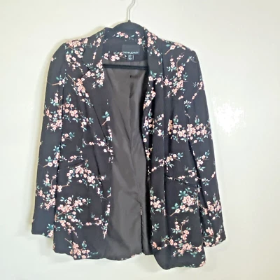 Cynthia Rowley Womens X Small Black Pink Floral Crepe Longline Blazer Jacket - Image 1 of 4