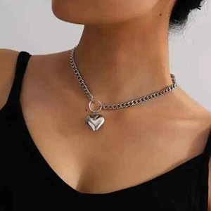 Punk Style Stainless Steel Heart Pendant Necklace Womens Fashion Gift Silvery - Picture 1 of 3