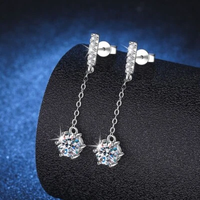 2.5CT Moissanite 6 Prong Dangle/Drop Stud Earrings 14k White Gold Plated Silver - Image 1 of 4
