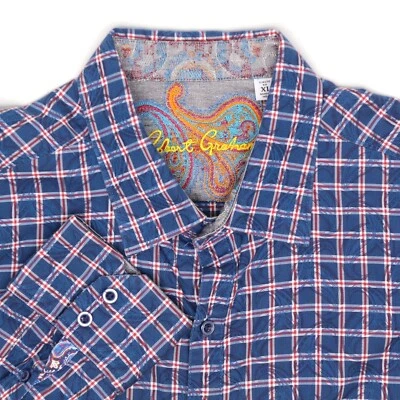 Robert Graham Mens Shirt XL Blue Red White Paisley Plaid Check Button Front - Image 1 of 4