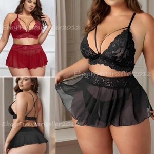 Women's Underwear Lace Lingerie Bra Skirt Thong Babydoll Sleepwear Set Plus Size - Picture 1 of 50