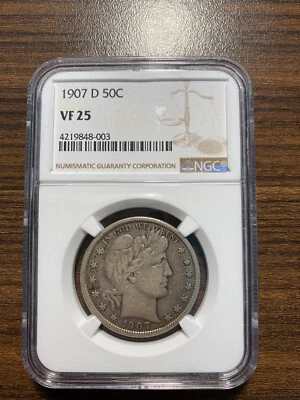 1907-D Barber Silver Half Dollar 50C NGC VERY FINE 25 VF 25 RARE KEY DATE - Image 1 of 2