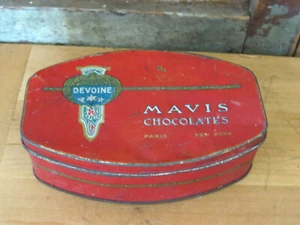 Old Antique Chocolate tin DEVOINE MAVIS Chocolates Paris New York Red Blue - Picture 1 of 9