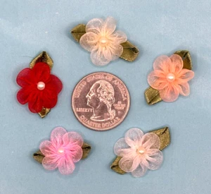60pcs x 3/4" Organza Ribbon Flower Appliques w/Leaf/Bead/Wedding/Card ST436 - Picture 1 of 6