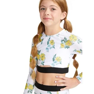 Justice Girls Long Sleeve Elastic Trim Floral Print Rash Guard Swimsuit TOP Sm - Picture 1 of 8