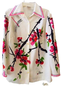 1970s VERA Neumann Cherry Blossom & Dragonfly Print Top Pink White Green Red 16 - Picture 1 of 20