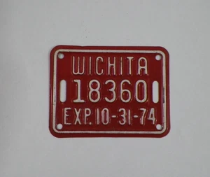 Vintage 1974 Wichita Bicycle Tag License Plate 18360 - Picture 1 of 2