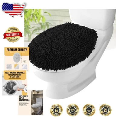 Чехол для унитаза машинная стирка - плюшевый черный шениль, растягивается удлиненное сиденье - Изображение 1 из 4