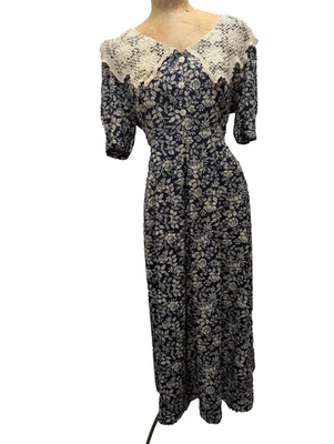 Vestido estilo rayón azul oscuro y blanco vintage años 40 de Karin Stevens talla 14 Foto 1 de 4