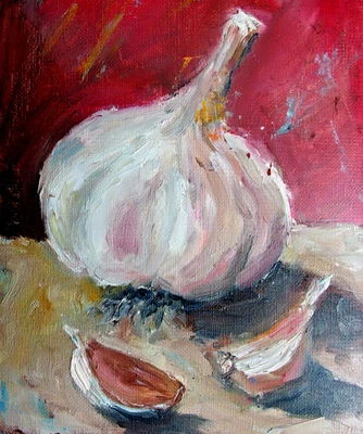 Garlic Oil Painting 7x10" Handmade Original Still Life Kitchen Deco Rustic Style - image 1 of 4