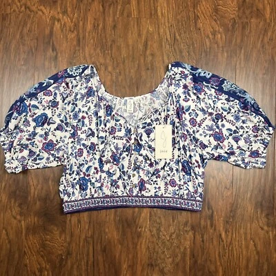 Top campesino corto floral Joie para mujer L azul púrpura blanco manga corta hinchada nuevo con etiquetas Foto 1 de 4
