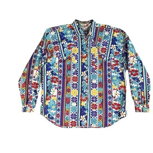 Vintage 90s Brush Popper Button Down Western Aztec Shirt Colorful Size Large - Picture 1 of 8