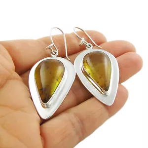 Long Maria Belen Taxco 925 Sterling Silver and Amber Teardrop Dangle Earrings - Picture 1 of 5