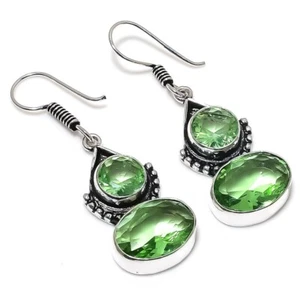 Green Amethyst Gemstone Handmade 925 Sterling Silver Jewelry Earring Size 1.4" - Picture 1 of 1