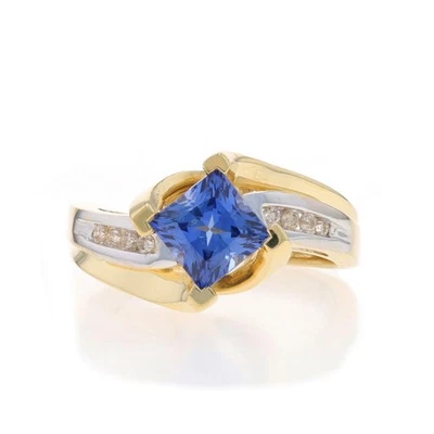 Yellow Gold Lab-Created Sapphire & Diamond Bypass Ring - 10k Princess 1.51ctw - Image 1 of 4