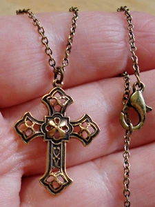 18" to 16" Fine Brass Chain Necklace with a Detailed 1" Filigree Brass Cross - Picture 1 of 7
