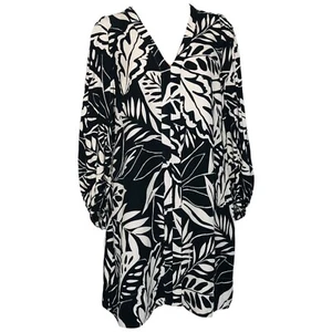 Veronika Maine Linen Blend Shift Dress Linear Foilage Black White Size 14 - Picture 1 of 14