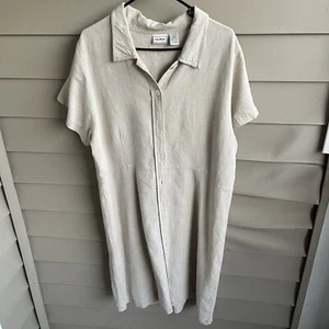 LL Bean Lagenlook Maxi Dress Womans XL Beige Linen Button Beach Coastal Office - Picture 1 of 6