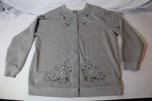 Bonnie Evans Gray Floral Embroidered Button-up Jersey Knit Cardigan Women's 2X - Picture 1 of 10