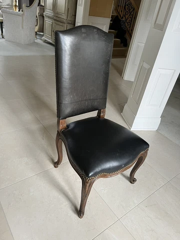 Louis XV Style Walnut Black Leather Side Chair 20th Century Brass Nail Cover