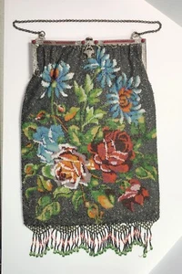 Antique Large Beaded Floral Design Purse W/ Ornate Frame & Tassels - Picture 1 of 12