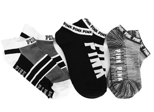Victoria's Secret PINK Low Show Ankle Socks 3 Pairs NWOT OS Black Grey White - Picture 1 of 8