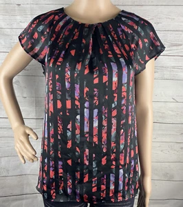 Forever 21 Contemporary Blouse XS Black Pink Gray Floral Striped Back Zipper Top - Picture 1 of 12