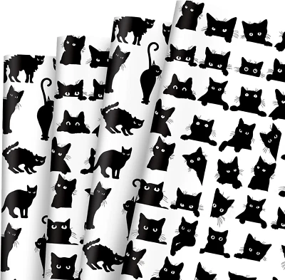 8 Sheets Cat Wrapping Paper - Not Roll - Cartoon Black Cat Gift Wrap Paper Folde - Image 1 of 4